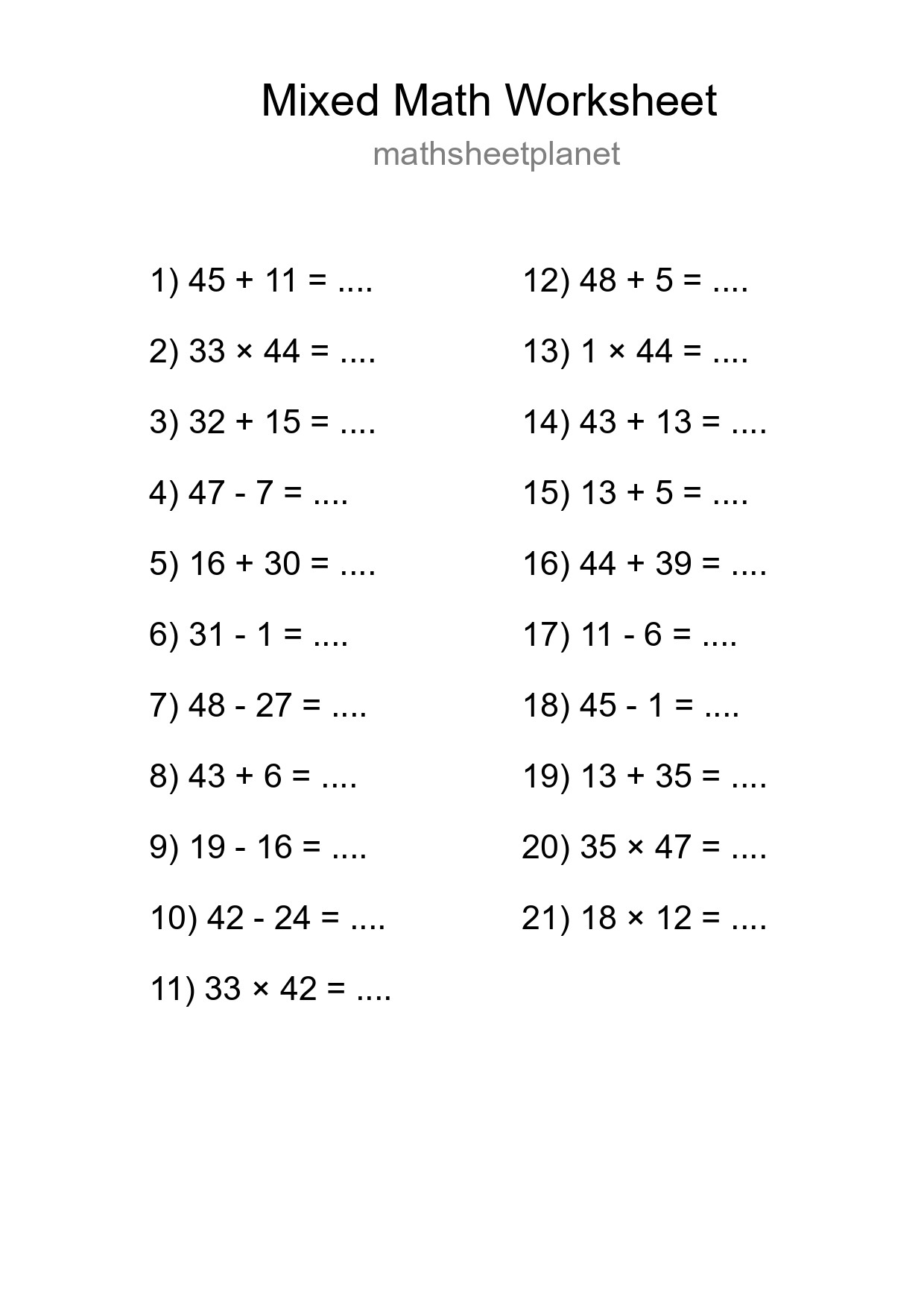 Mixed Operations Math Worksheet