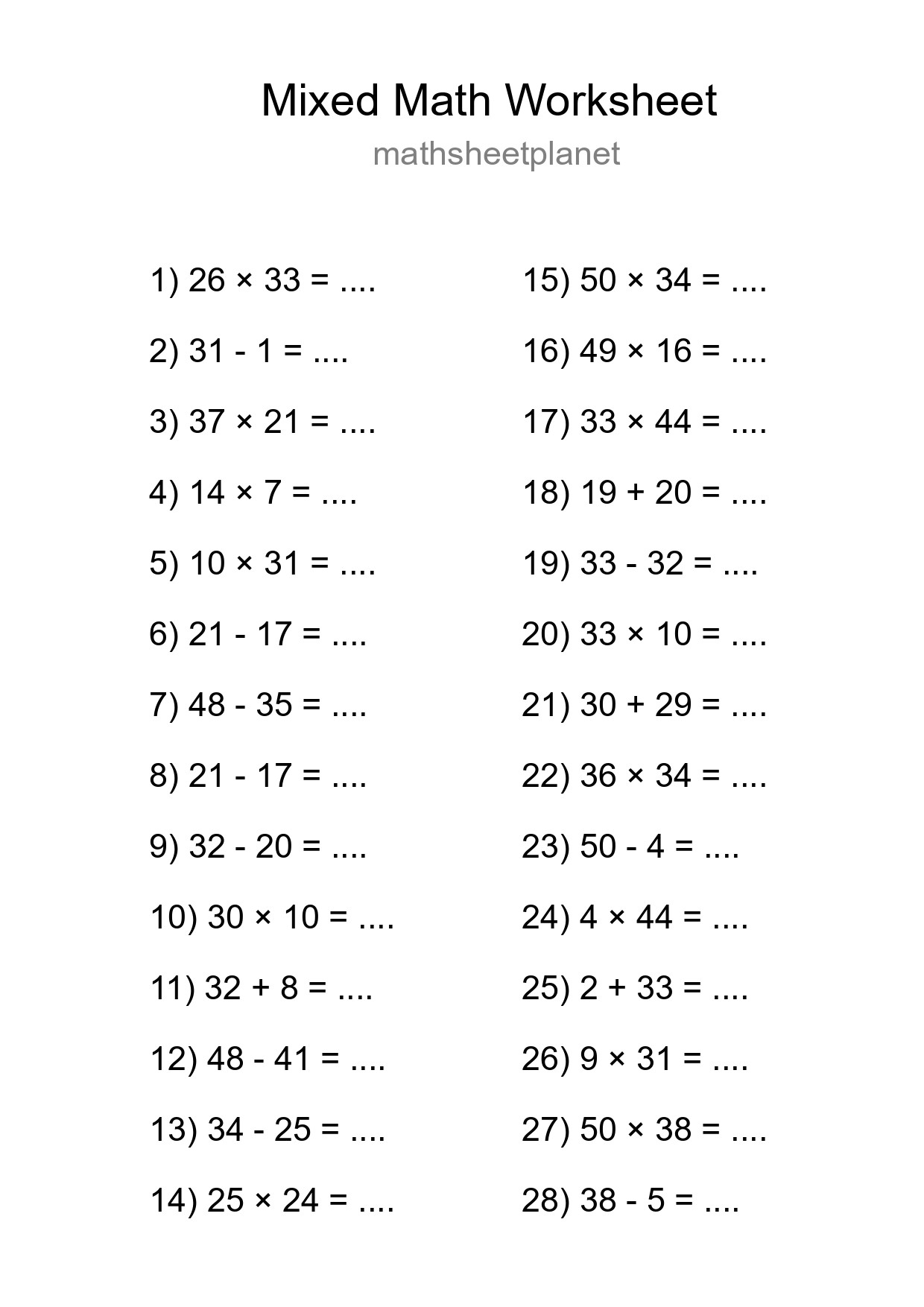 Mixed Operations Math Worksheet