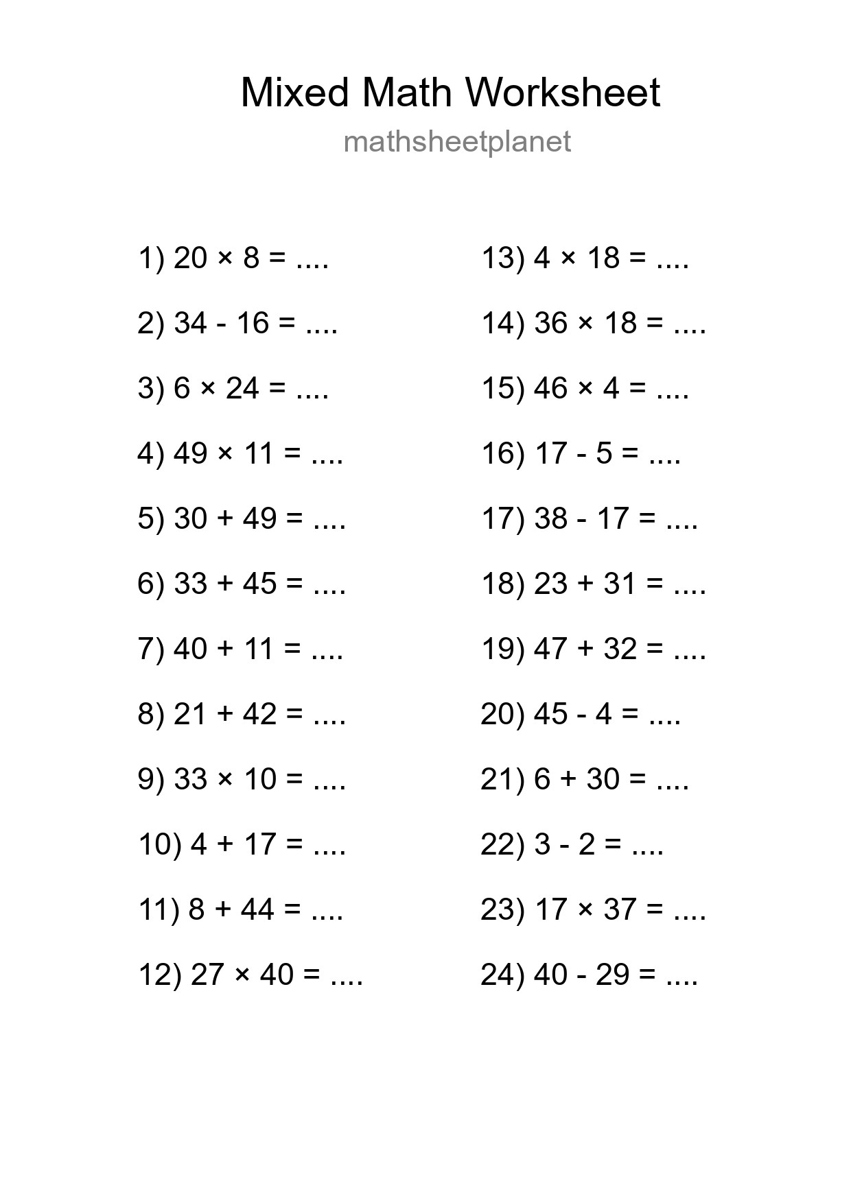 Mixed Operations Math Worksheet
