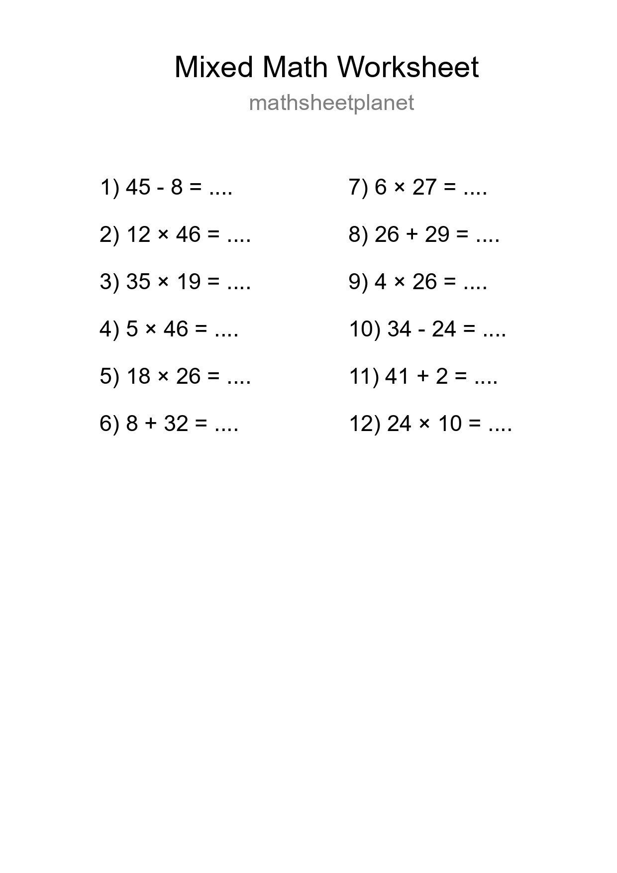 Mixed Operations Math Worksheet
