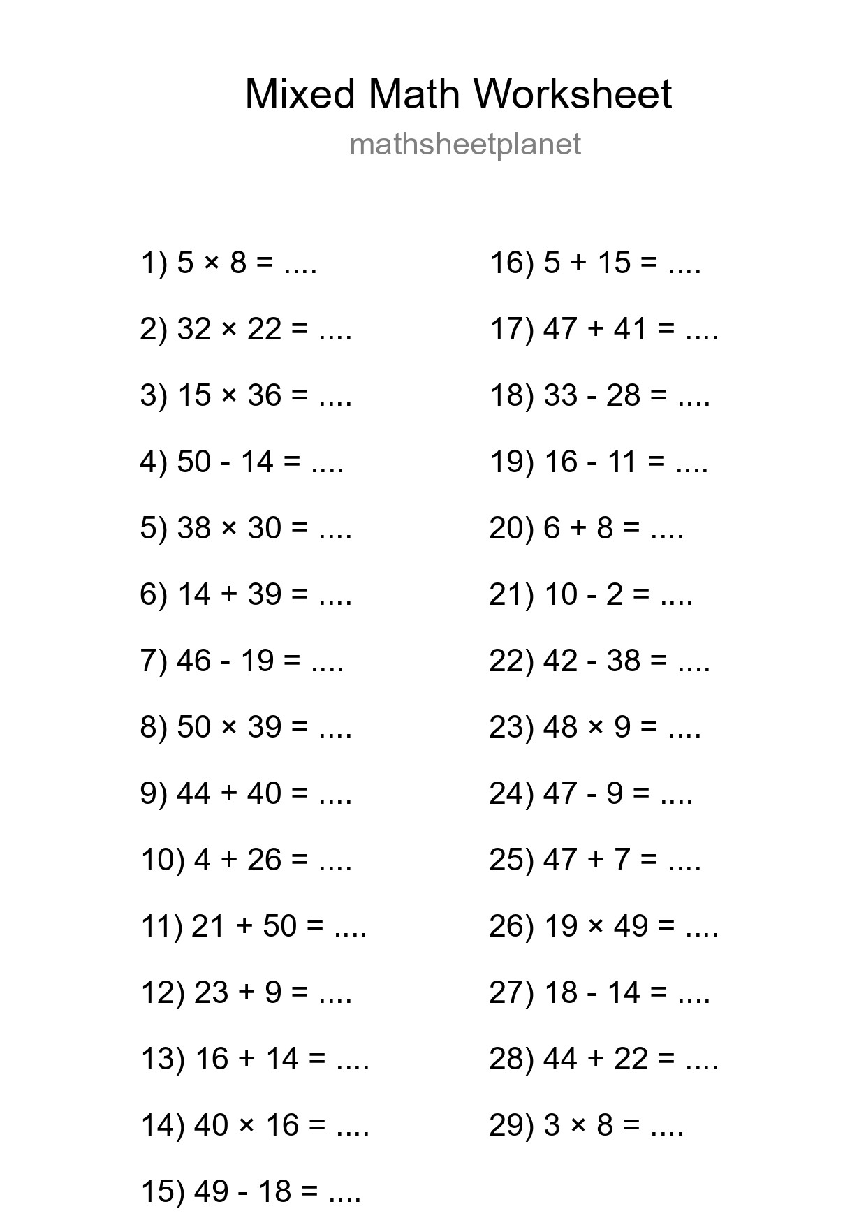 Mixed Operations Math Worksheet