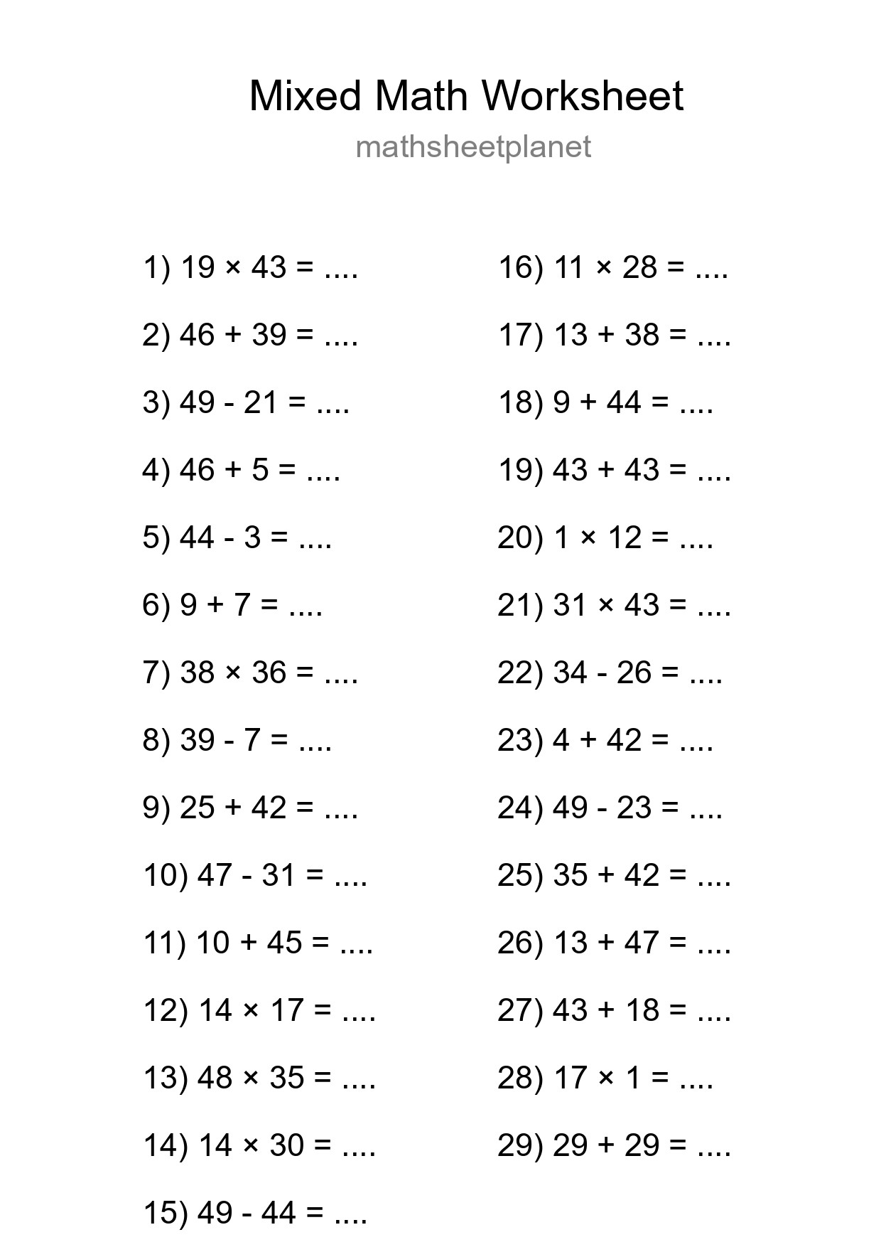 Mixed Operations Math Worksheet