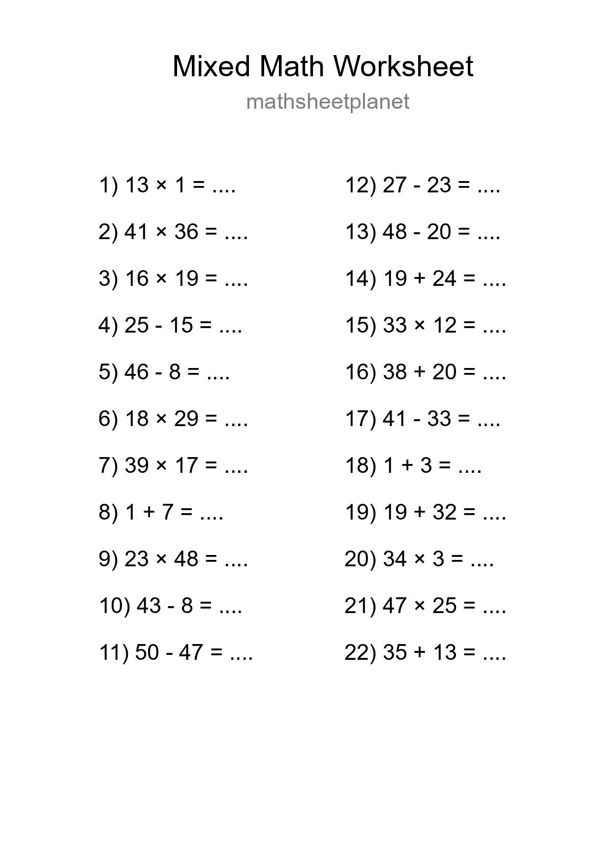 Mixed Operations Math Worksheet