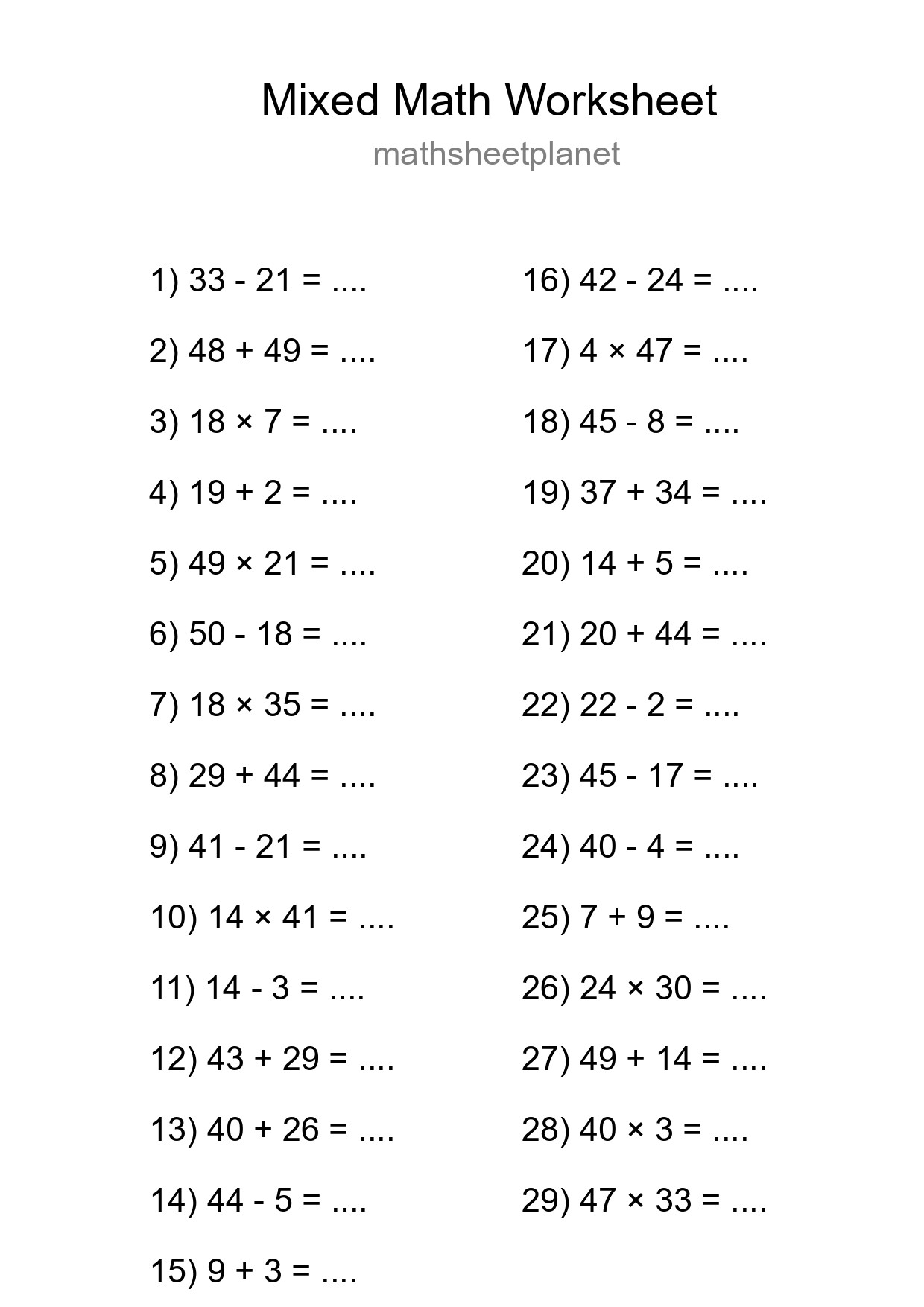 Mixed Operations Math Worksheet