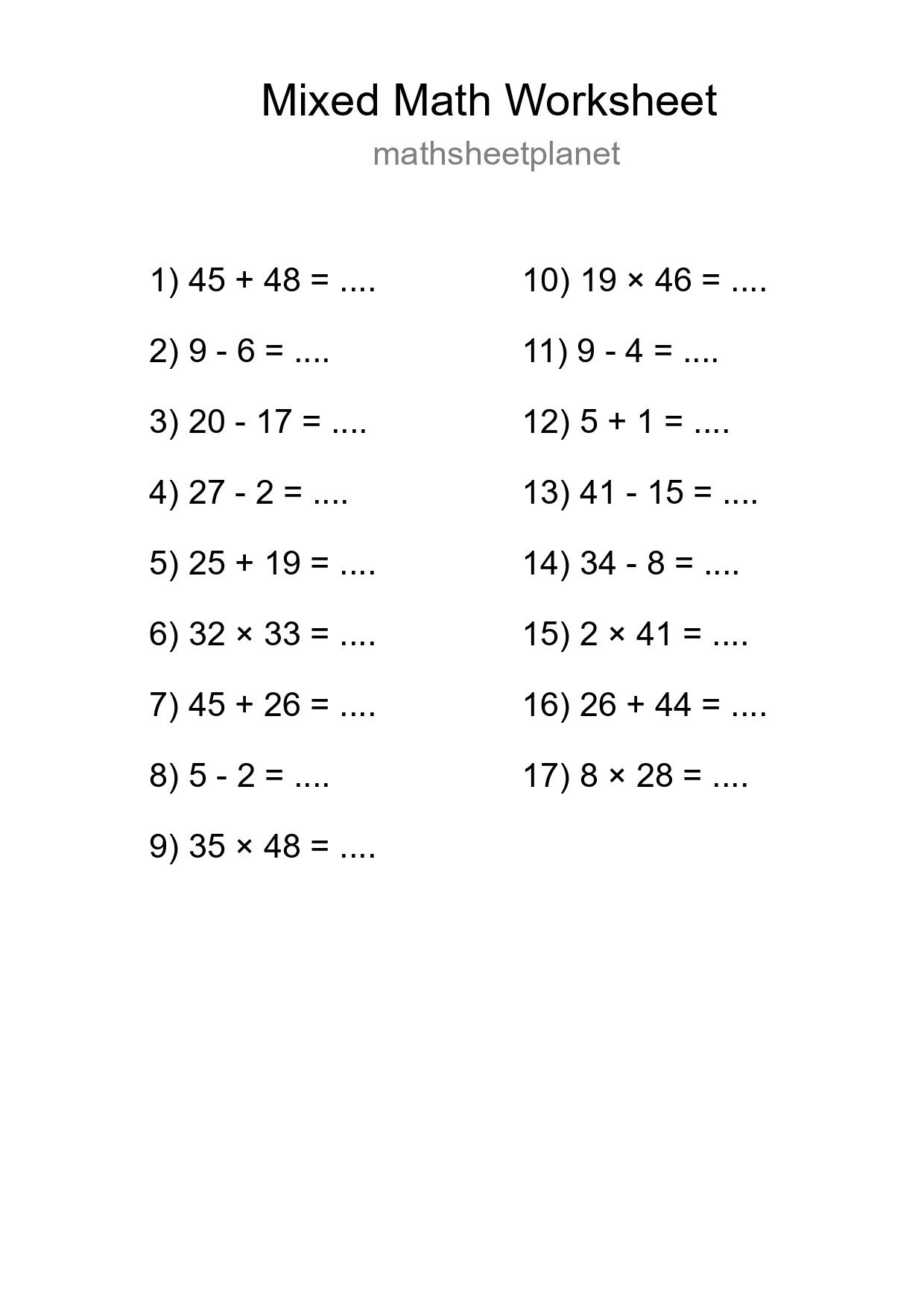 Mixed Operations Math Worksheet
