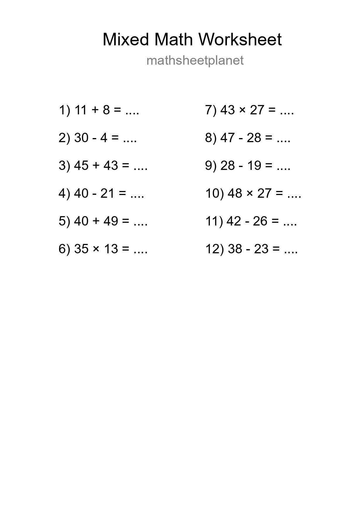 Mixed Operations Math Worksheet