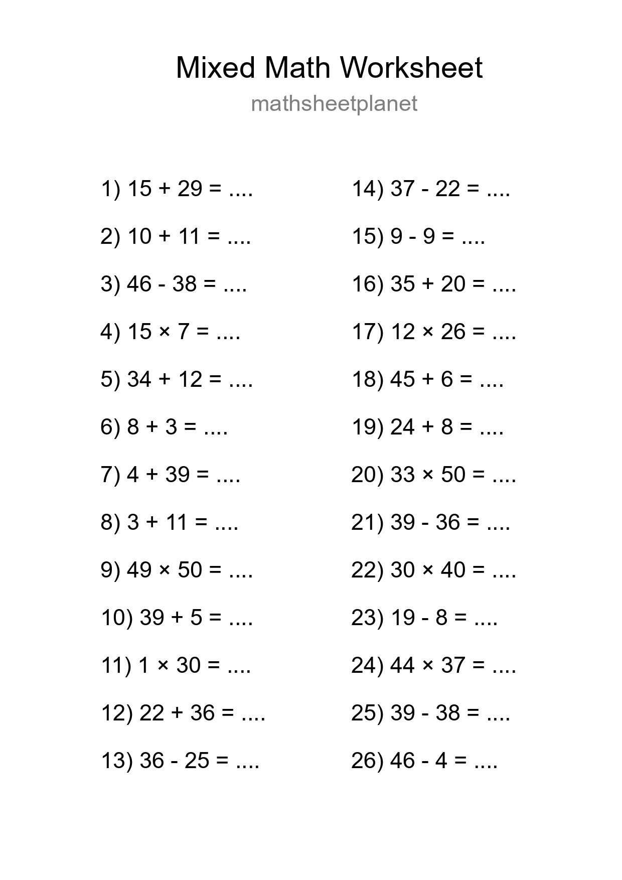 Mixed Operations Math Worksheet