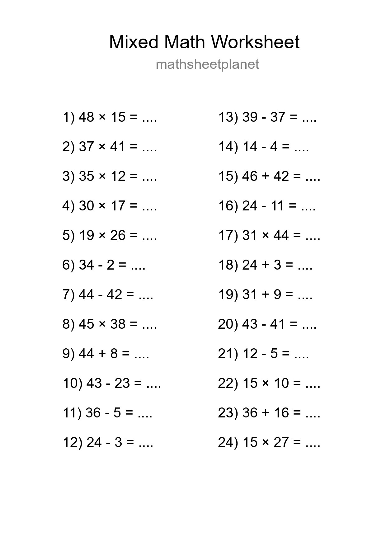 Mixed Operations Math Worksheet