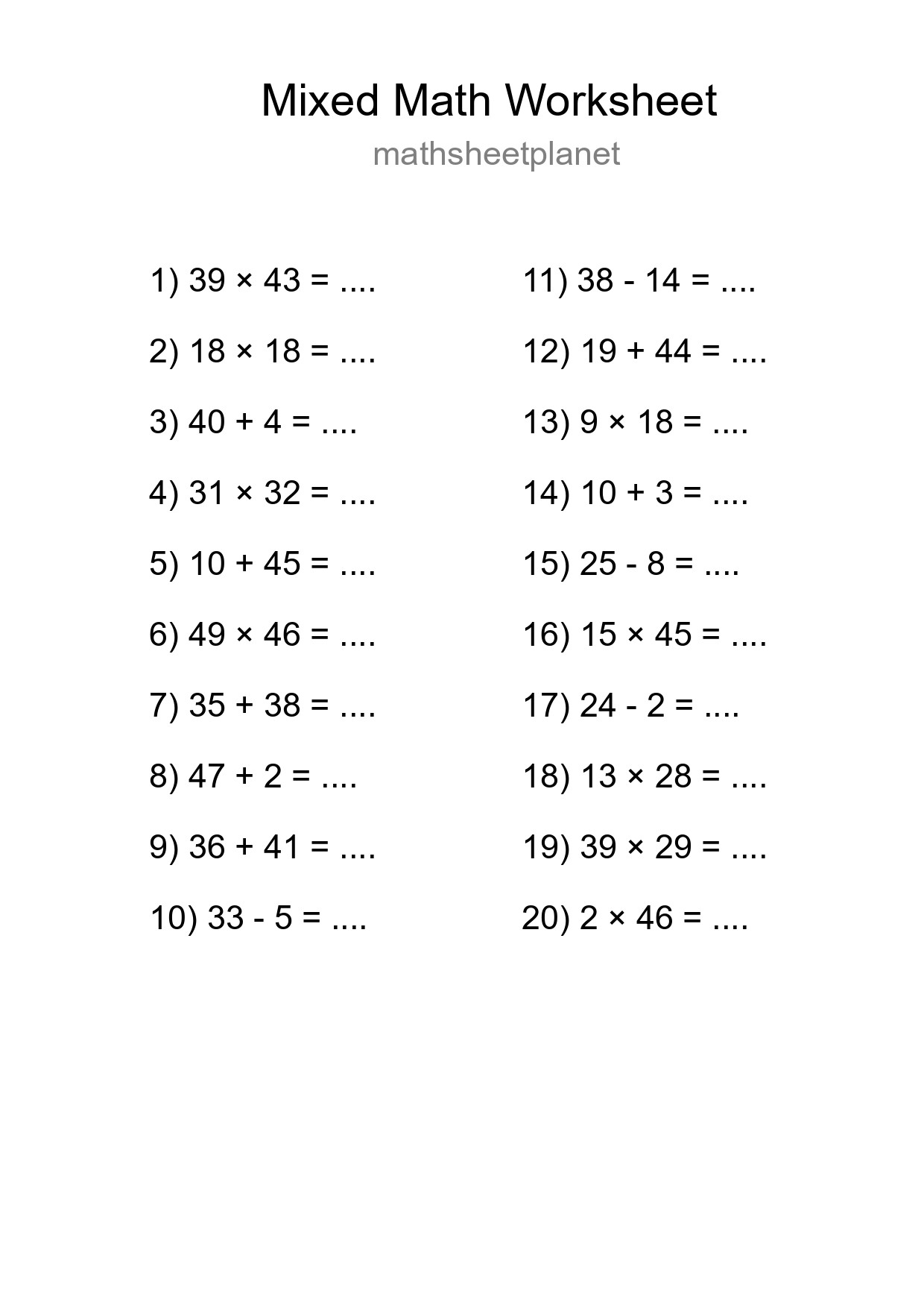 Mixed Operations Math Worksheet