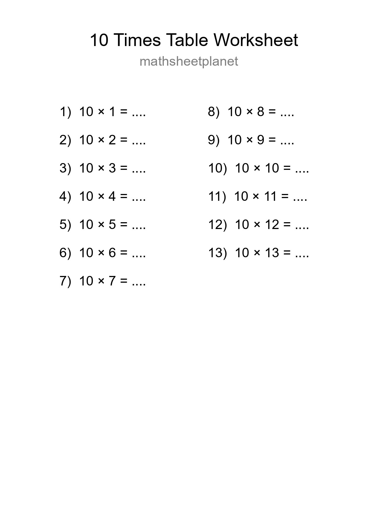 Printable 10 Times Table Worksheet For Grade 3 - Part 295