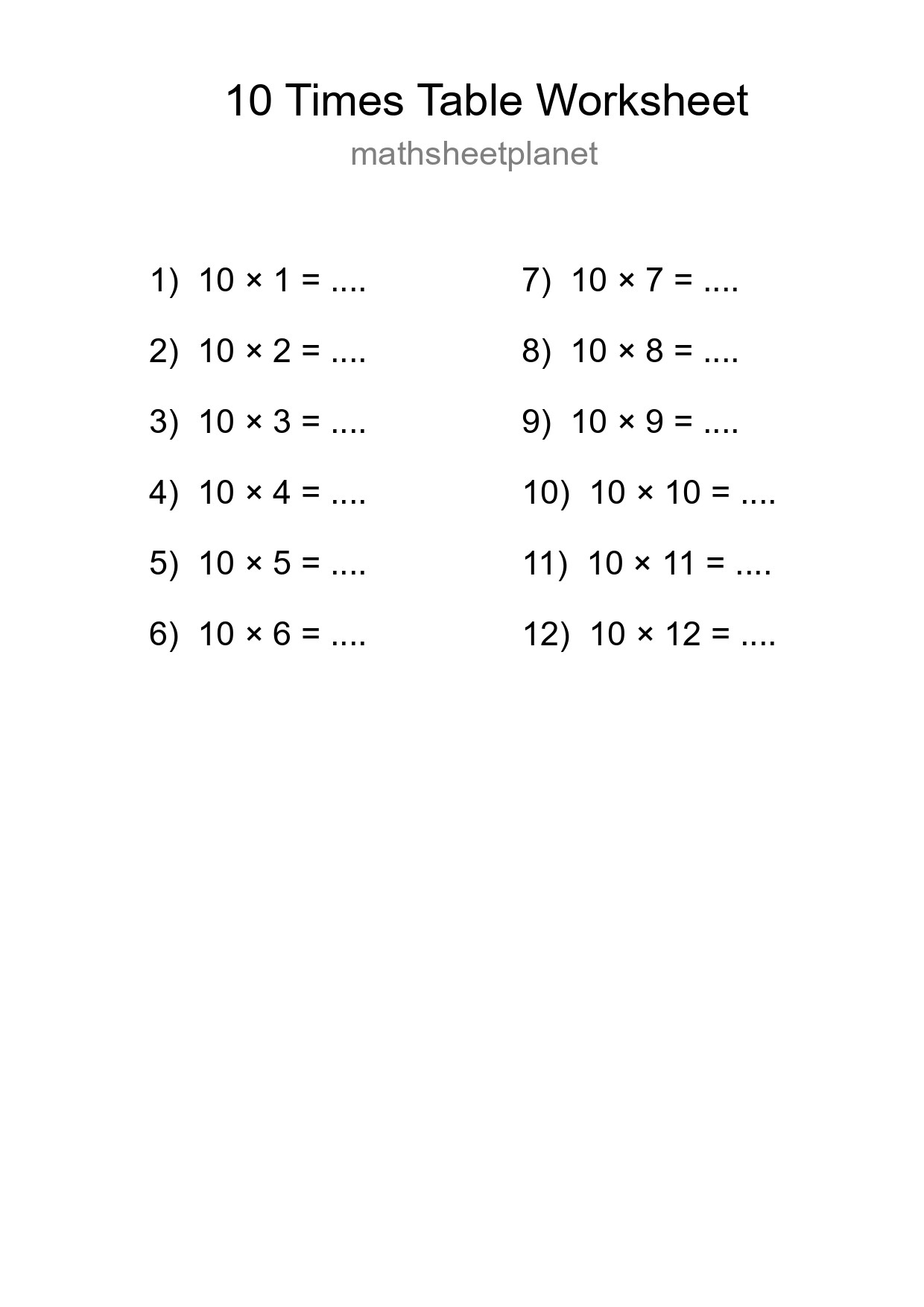 Printable 10 Times Table Worksheet For Grade 3 - Part 86