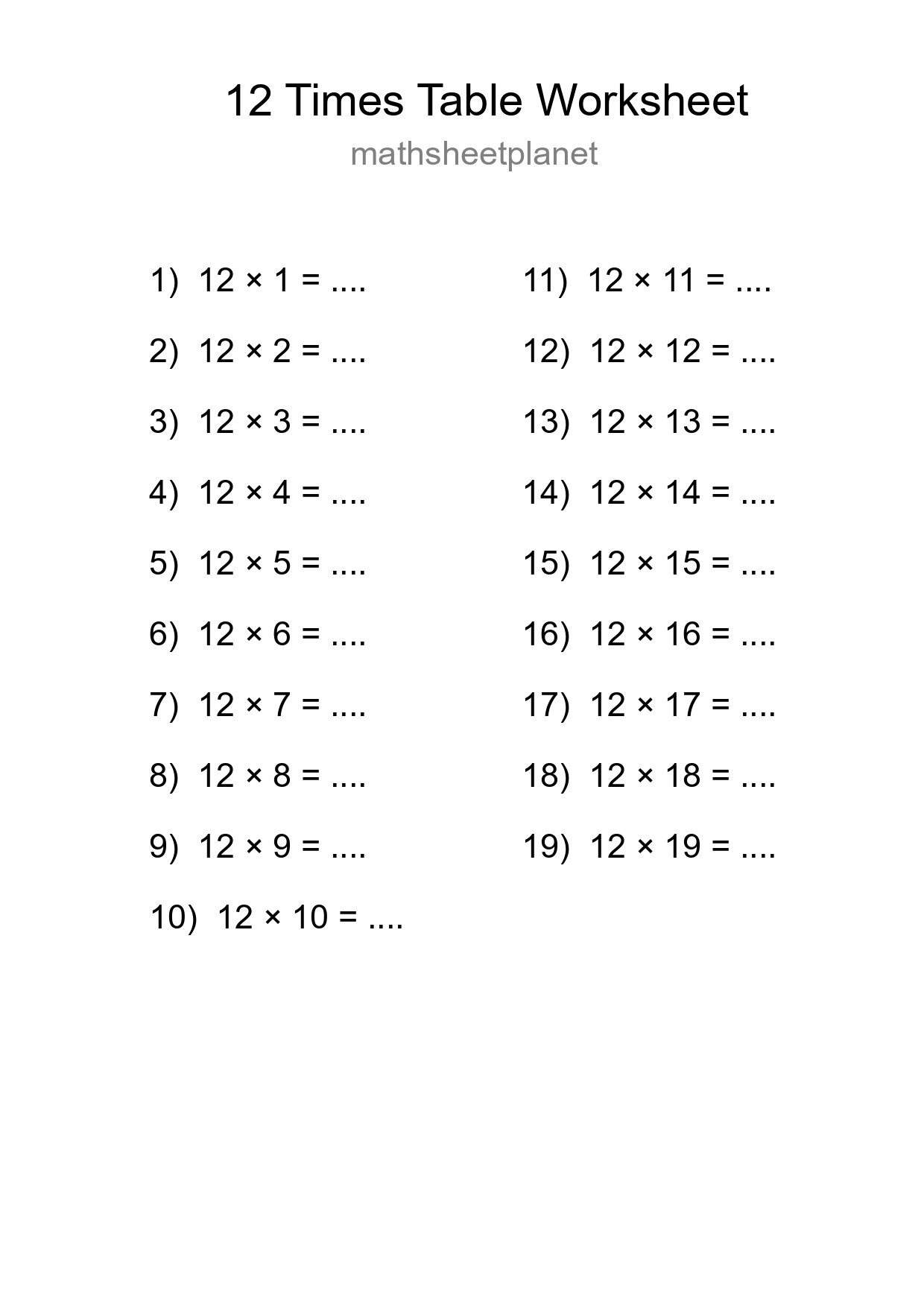 Printable 12 Times Table Worksheet For Grade 4 - Part 163