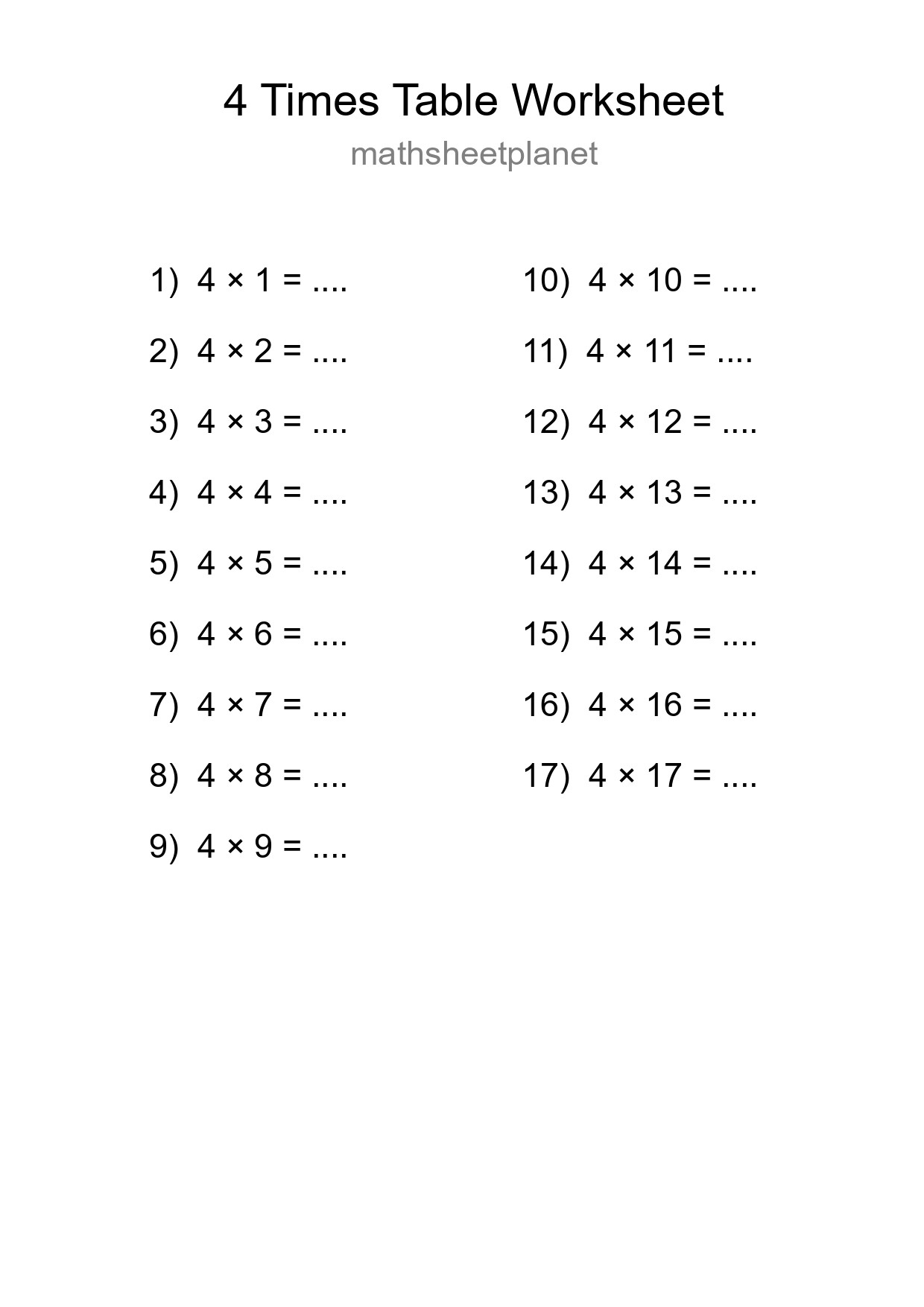 Printable 4 Times Table Worksheet For Grade 2 - Part 141