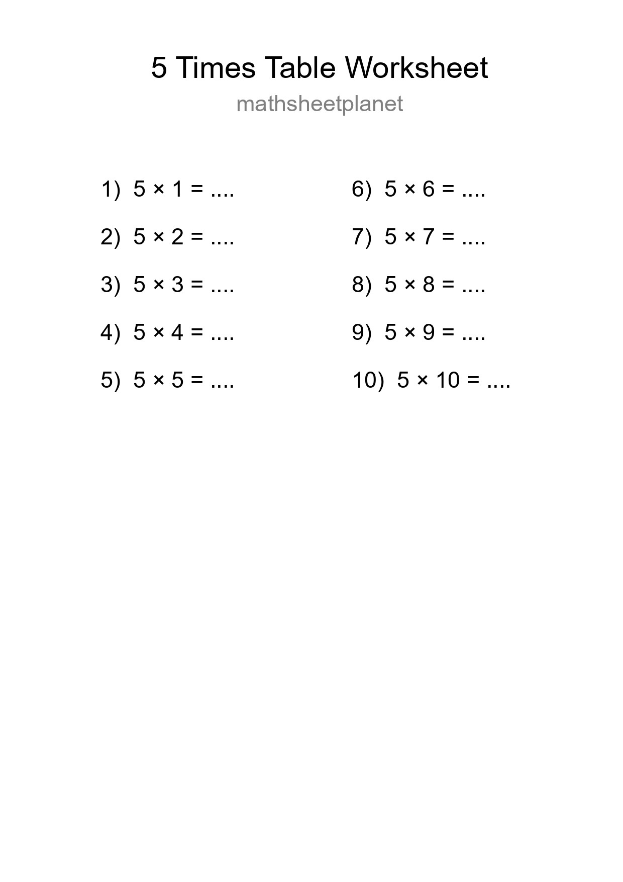 Printable 5 Times Table Worksheet For Grade 2 - Part 284