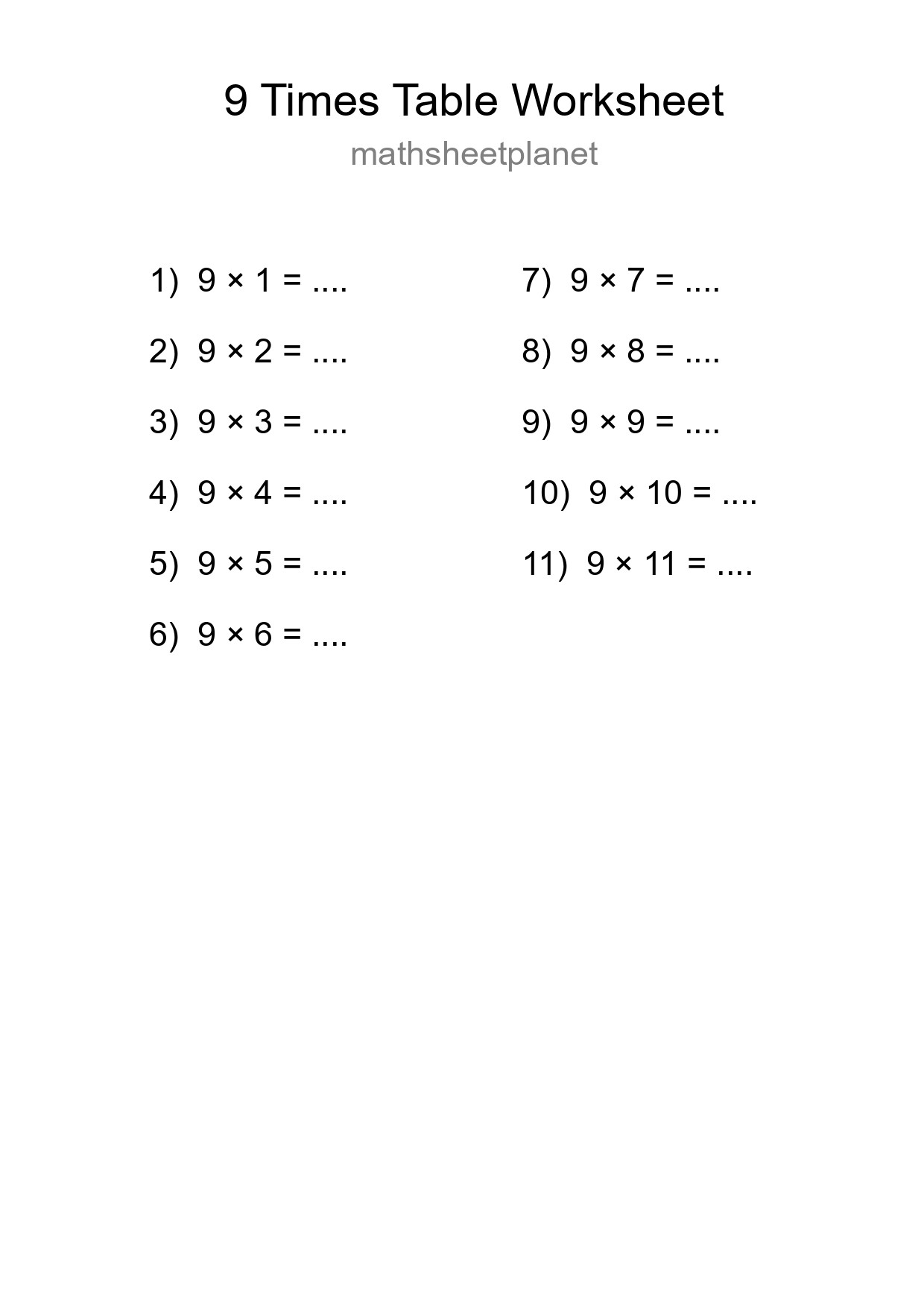 Printable 9 Times Table Worksheet For Grade 3 - Part 196
