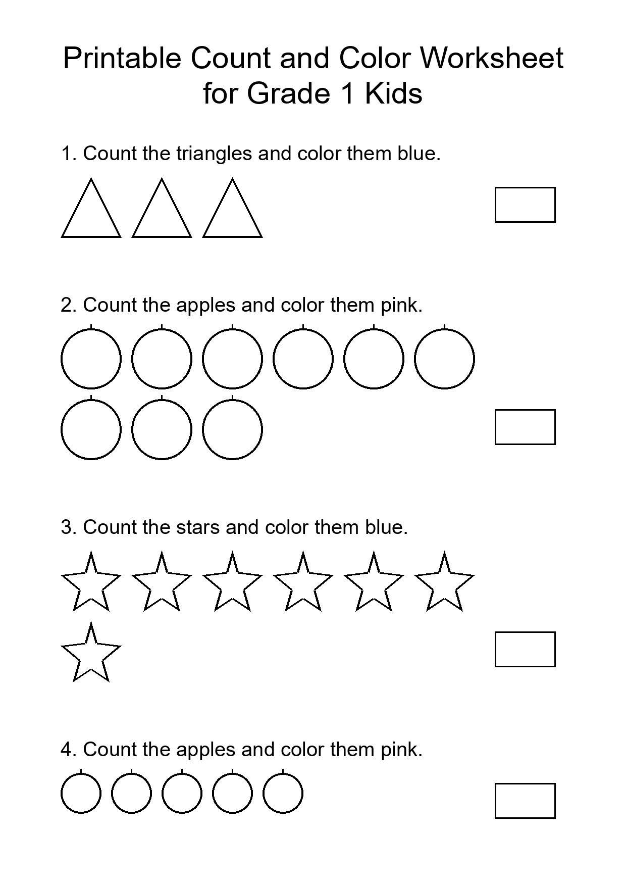 Printable Count and Color Worksheet for Grade 1 Kids