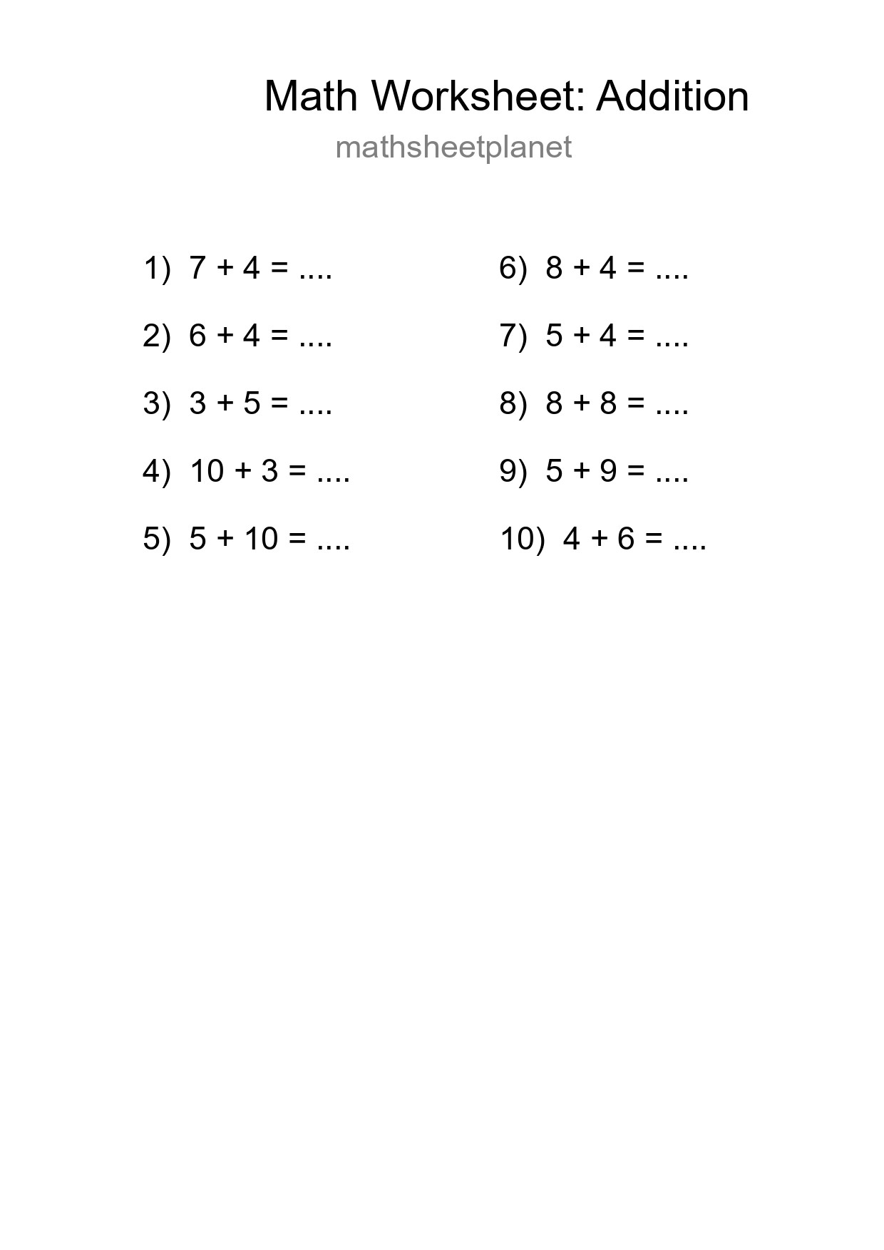 Printable Free 10 Addition Math Worksheet For Grade 1 - Part 45