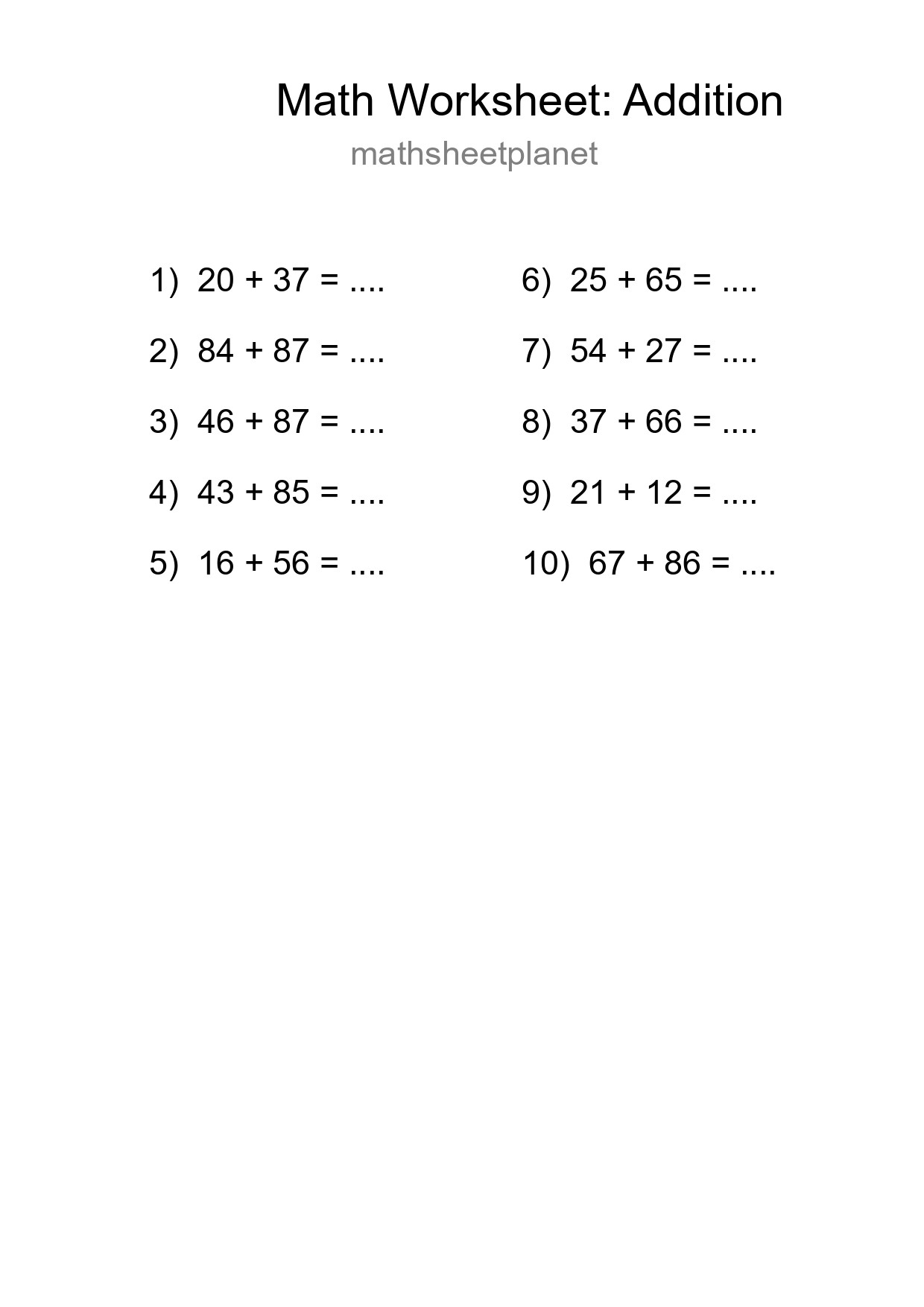 Printable Free 10 Addition Math Worksheet For Grade 3 - Part 23