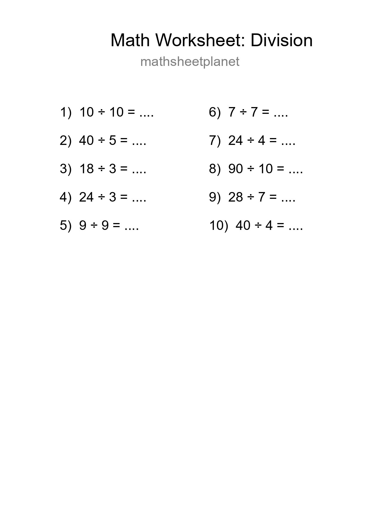 Printable Free 10 Division Math Worksheet For Grade 1 - Part 257