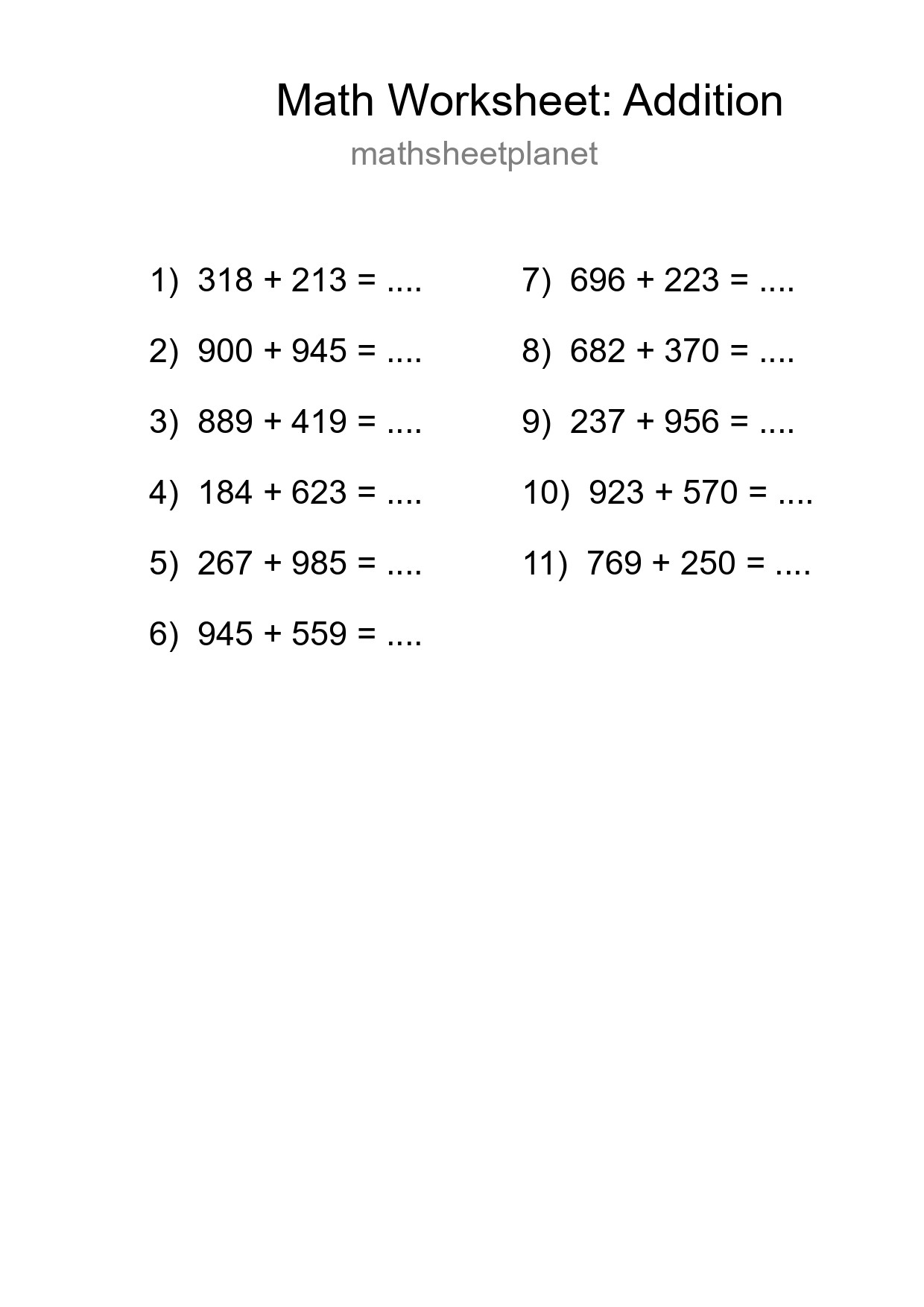 Printable Free 11 Addition Math Worksheet For Grade 5 - Part 276