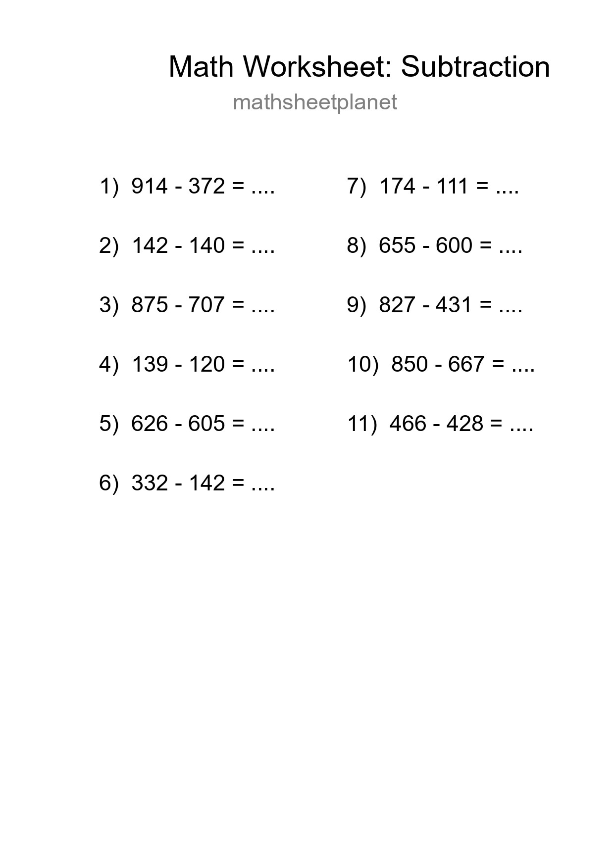 Printable Free 11 Subtraction Math Worksheet For Grade 5 - Part 261