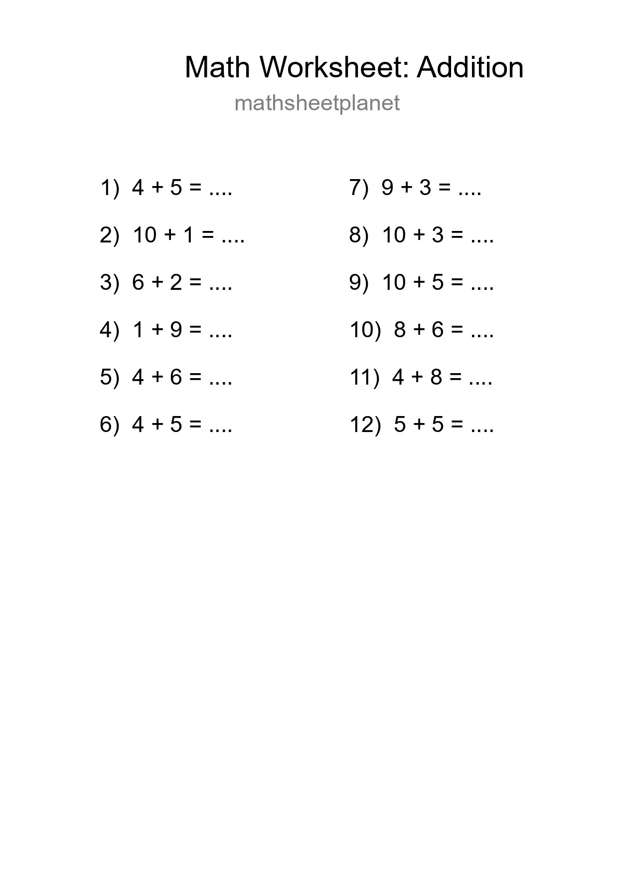 Printable Free 12 Addition Math Worksheet For Grade 1 - Part 177