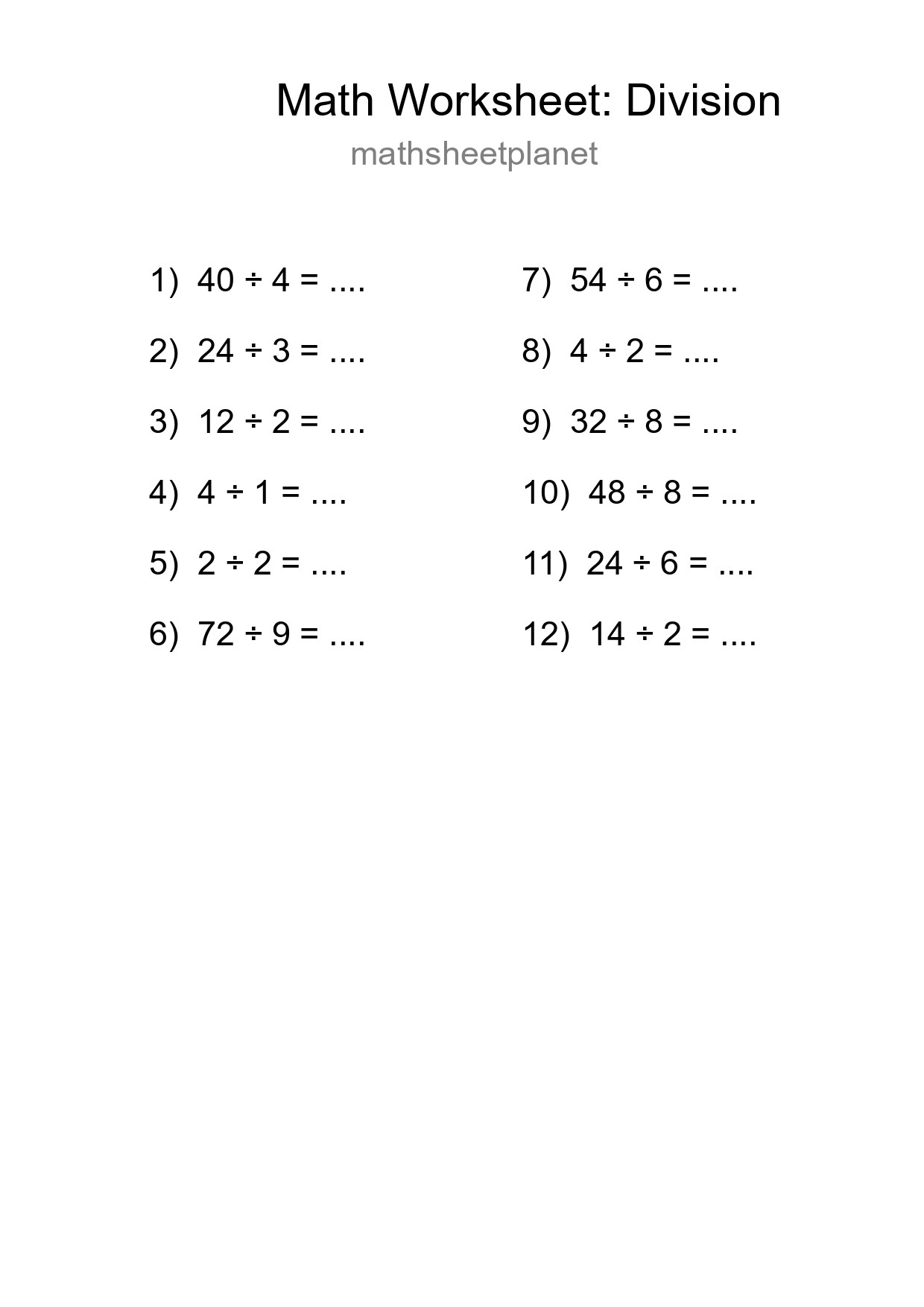 Printable Free 12 Division Math Worksheet For Grade 1 - Part 114