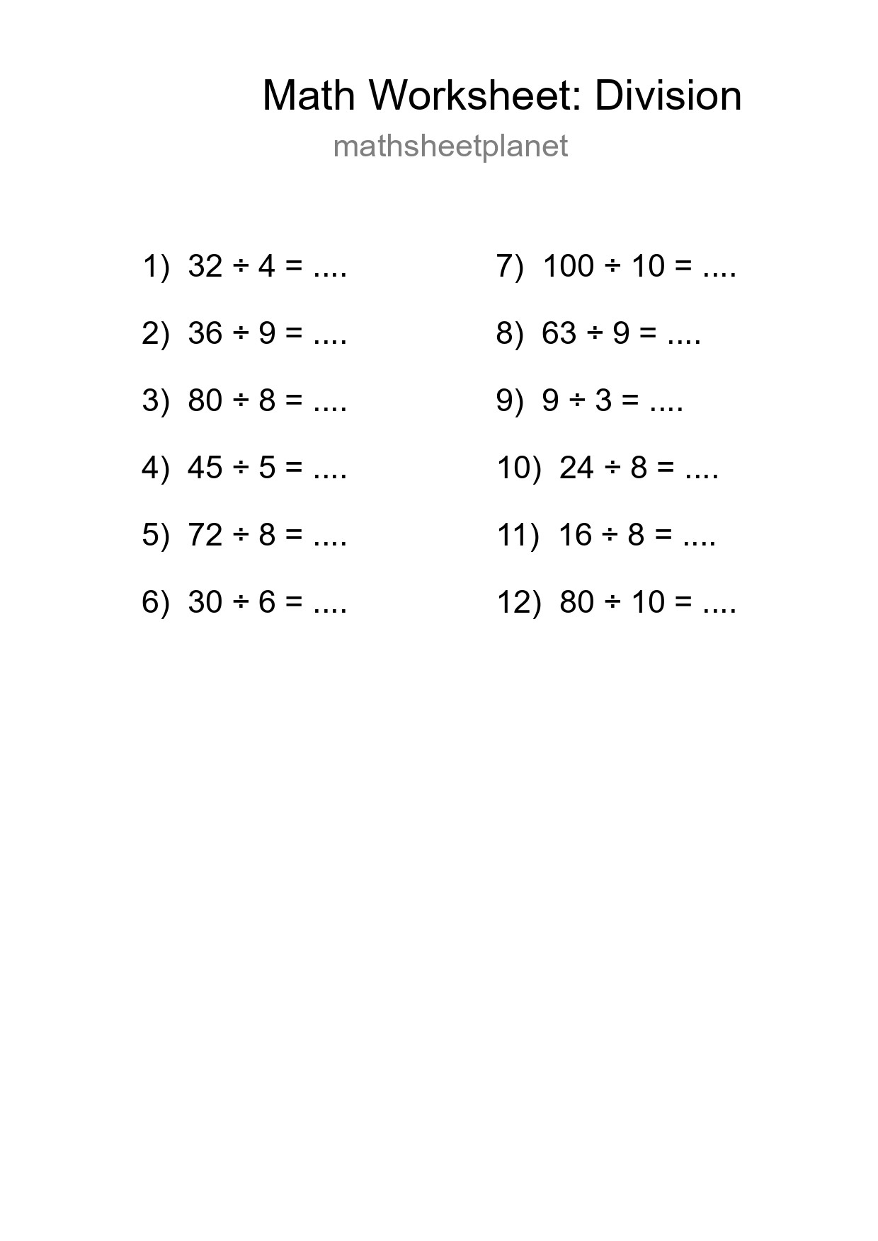 Printable Free 12 Division Math Worksheet For Grade 1 - Part 125