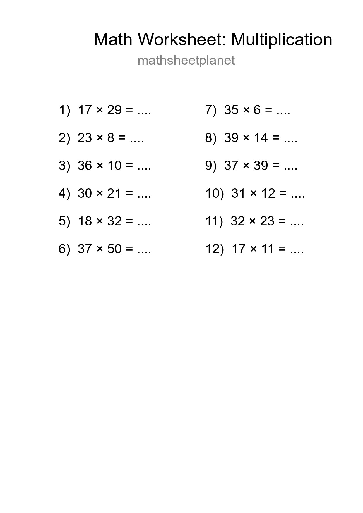 Printable Free 12 Multiplication Math Worksheet For Grade 2 - Part 293