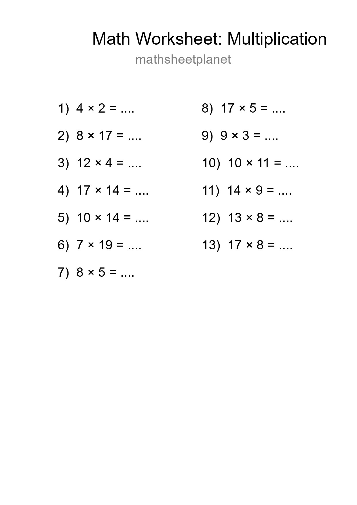 Printable Free 13 Multiplication Math Worksheet For Grade 2 - Part 161