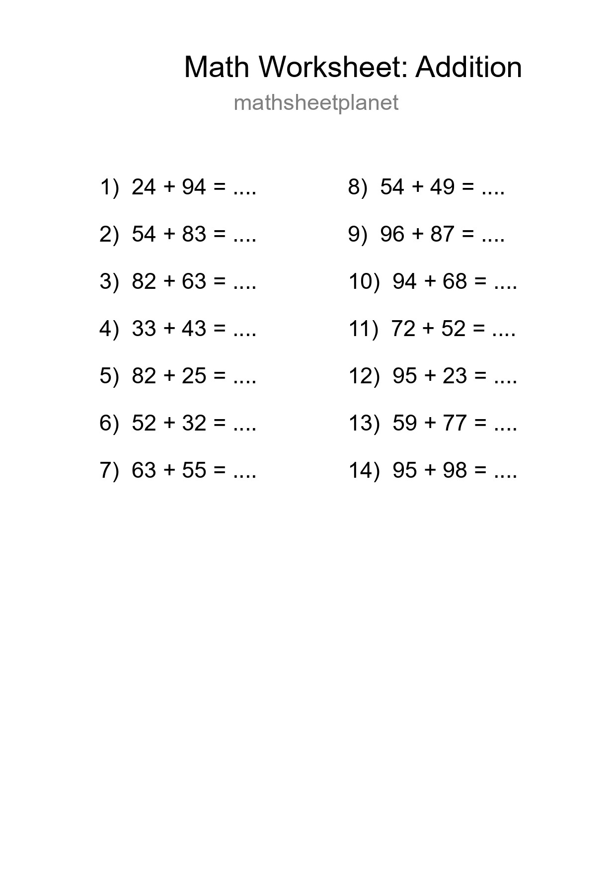 Printable Free 14 Addition Math Worksheet For Grade 3 - Part 100
