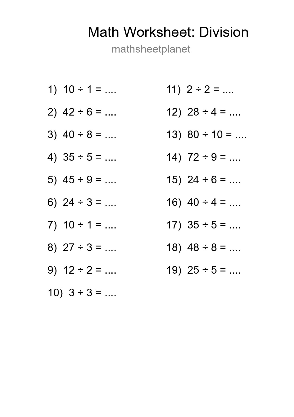 Printable Free 19 Division Math Worksheet For Grade 1 - Part 290