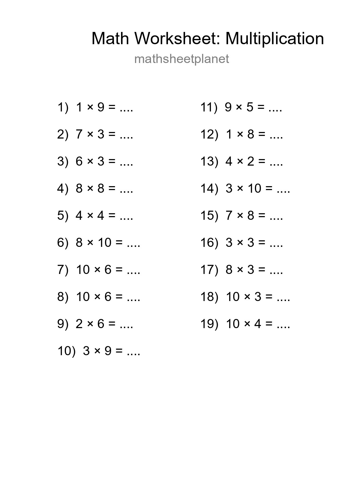 Printable Free 19 Multiplication Math Worksheet For Grade 1 - Part 84