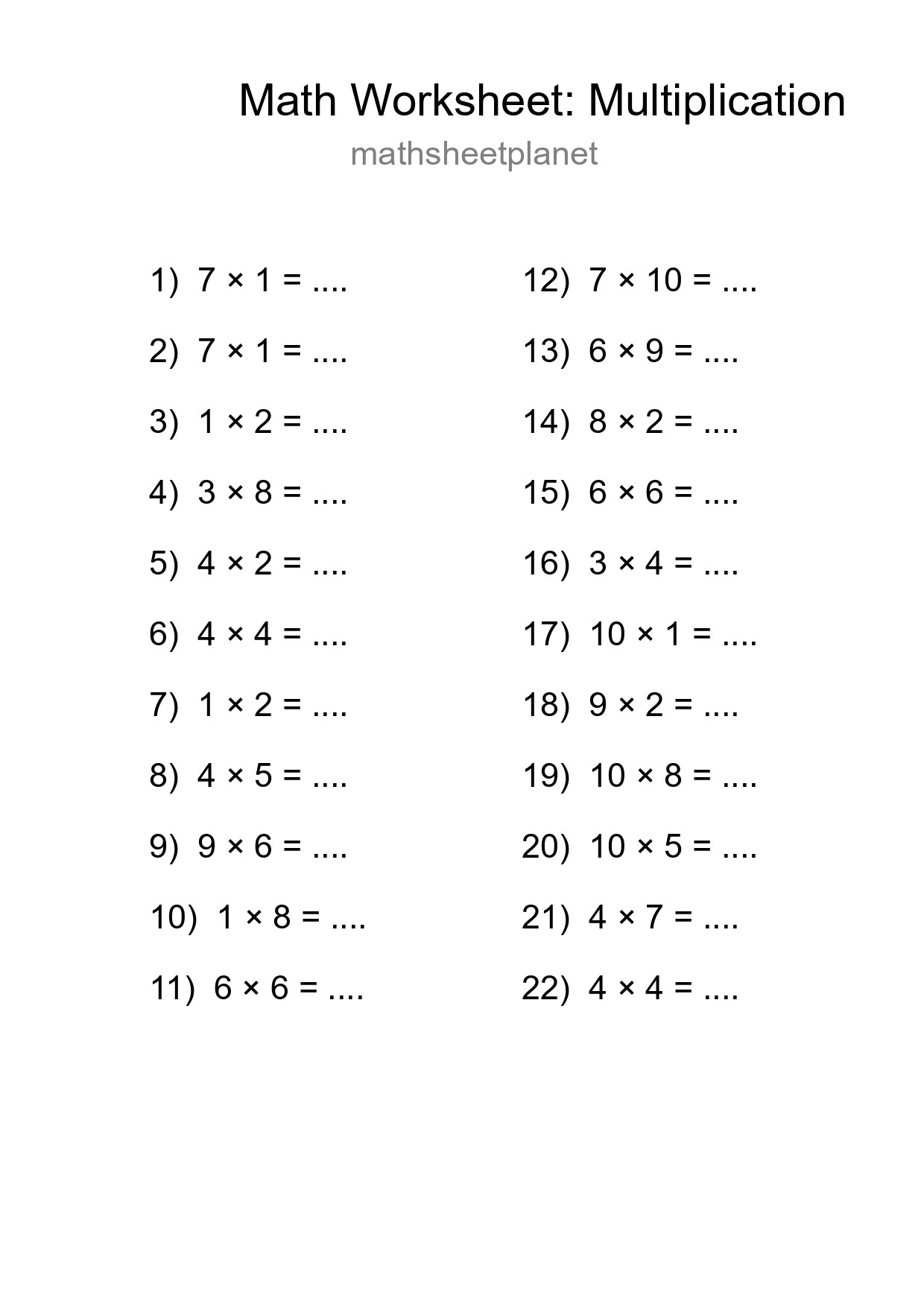 Printable Free 22 Multiplication Math Worksheet For Grade 1 - Part 29