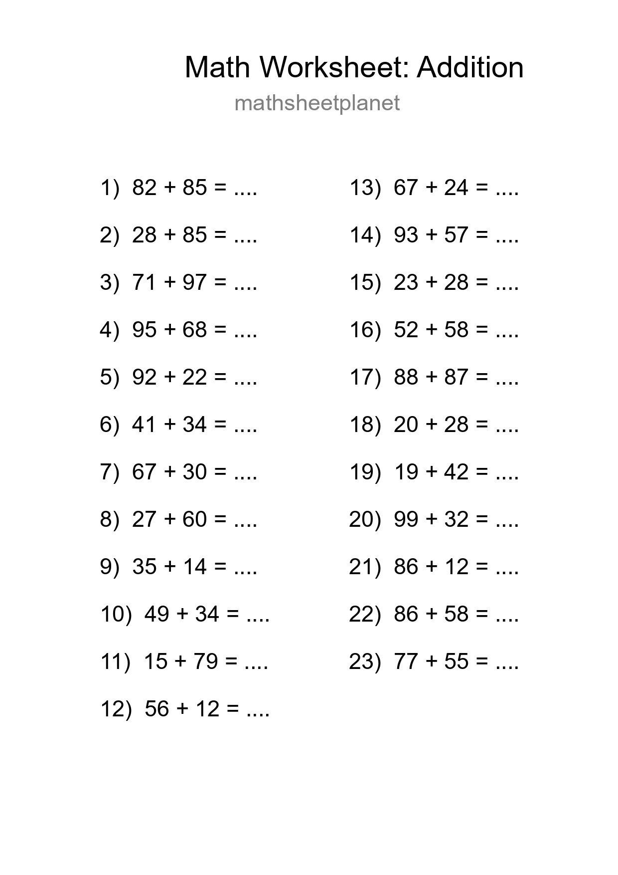 Printable Free 23 Addition Math Worksheet For Grade 3