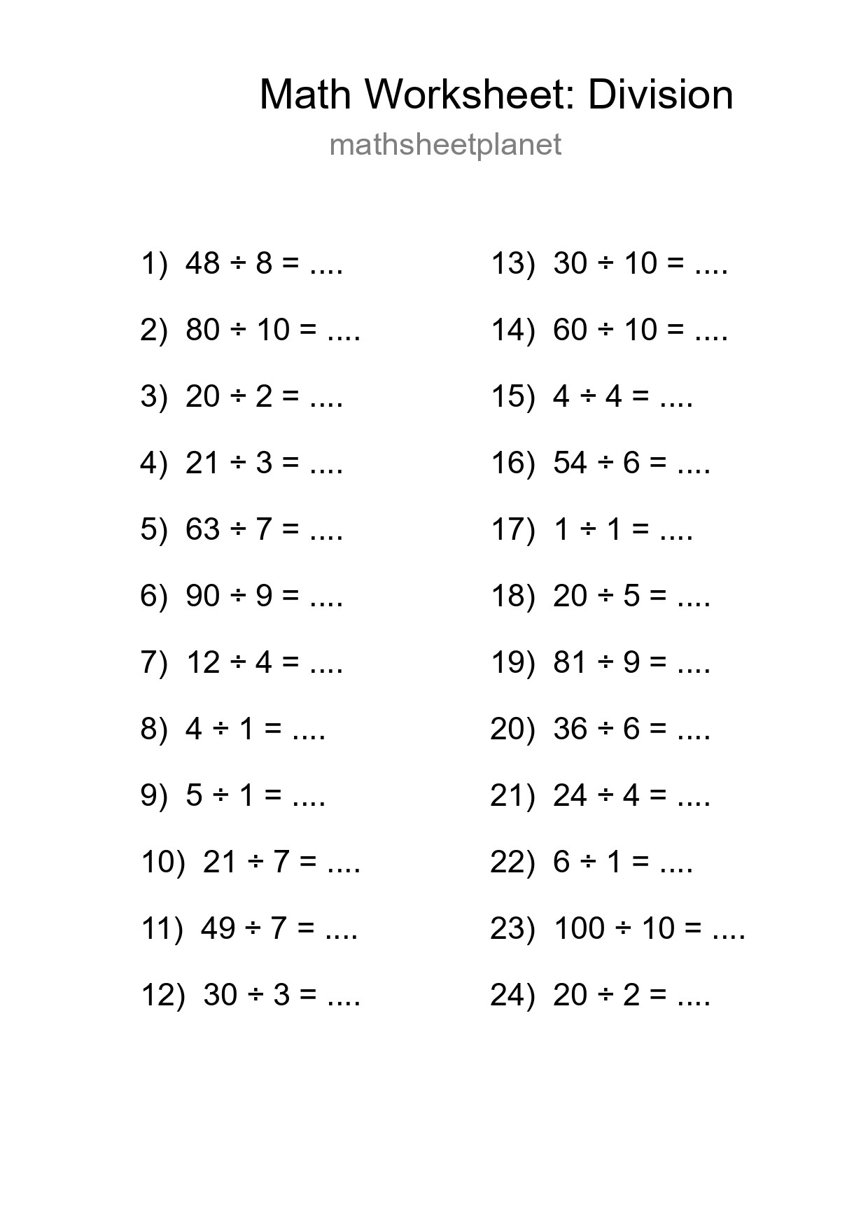 Printable Free 24 Division Math Worksheet For Grade 1 - Part 136