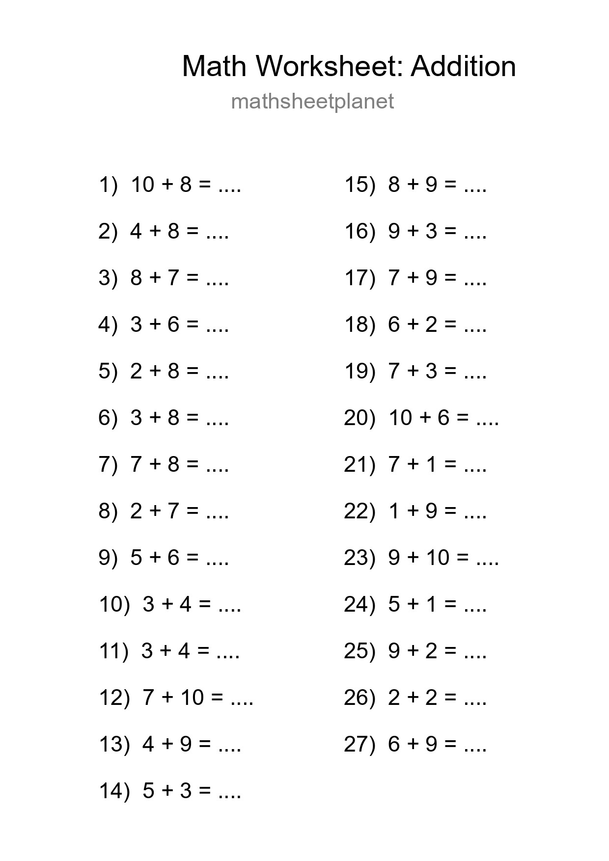 Printable Free 27 Addition Math Worksheet For Grade 1 - Part 67