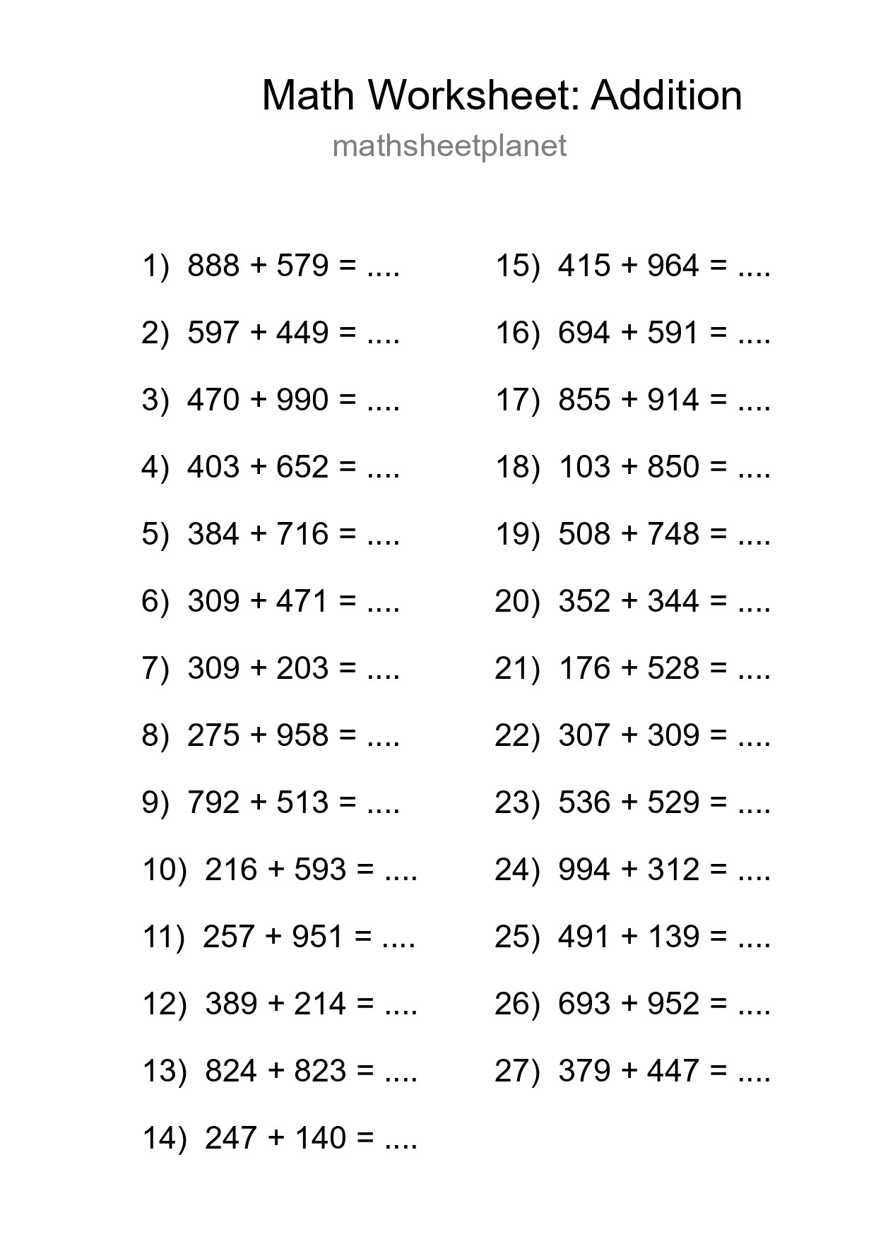 Printable Free 27 Addition Math Worksheet For Grade 5 - Part 188
