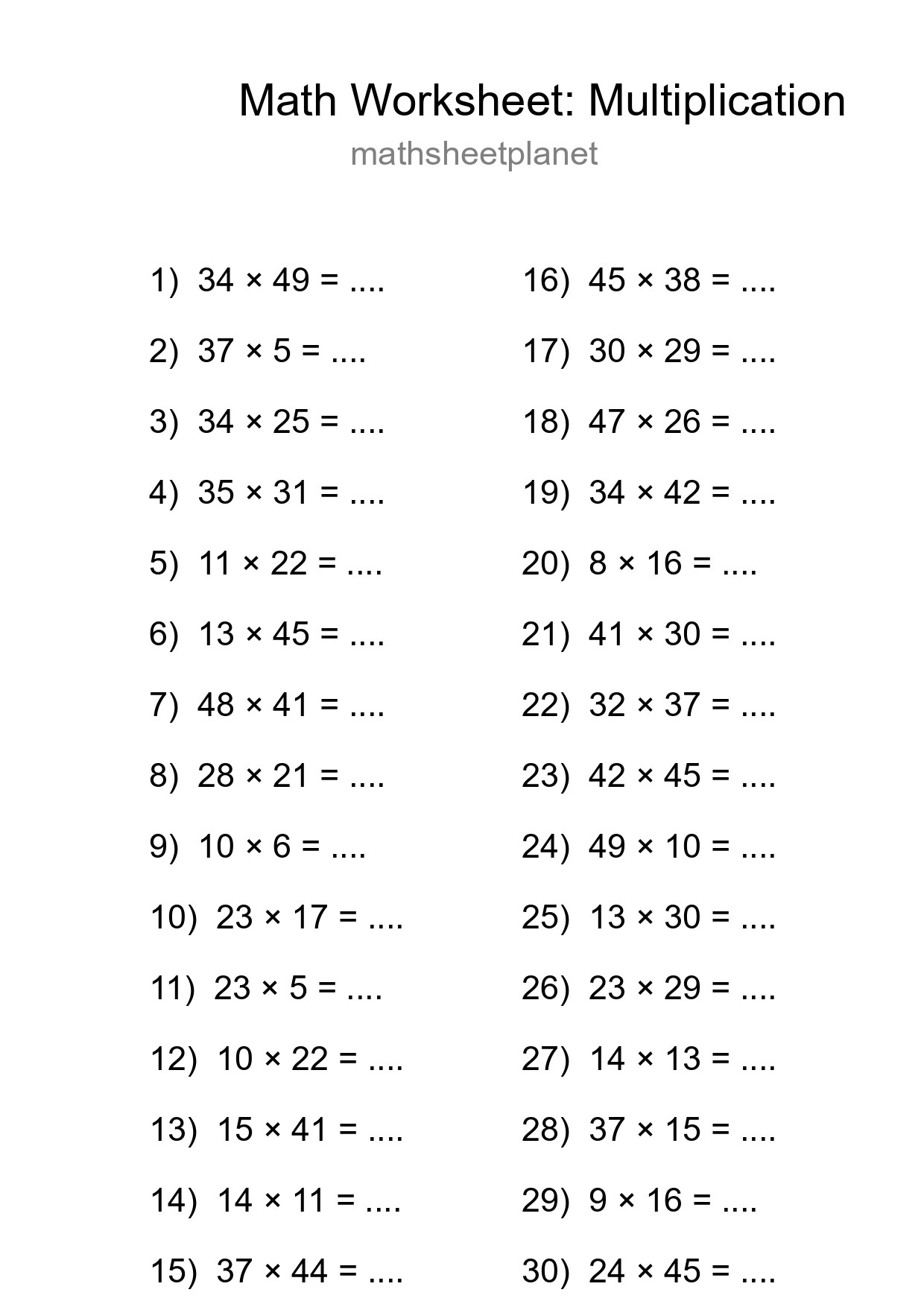Printable Free 30 Multiplication Math Worksheet For Grade 2 - Part 238